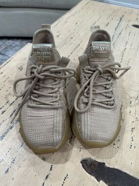Steve Madden Taupe Knit Lace-Up Sneakers with Rhinestone Tongue